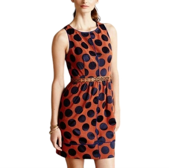 Anthropologie Maeve Rokin Dress Criss-Cross back Orange Navy Polkadots Women's 6 - Picture 1 of 16